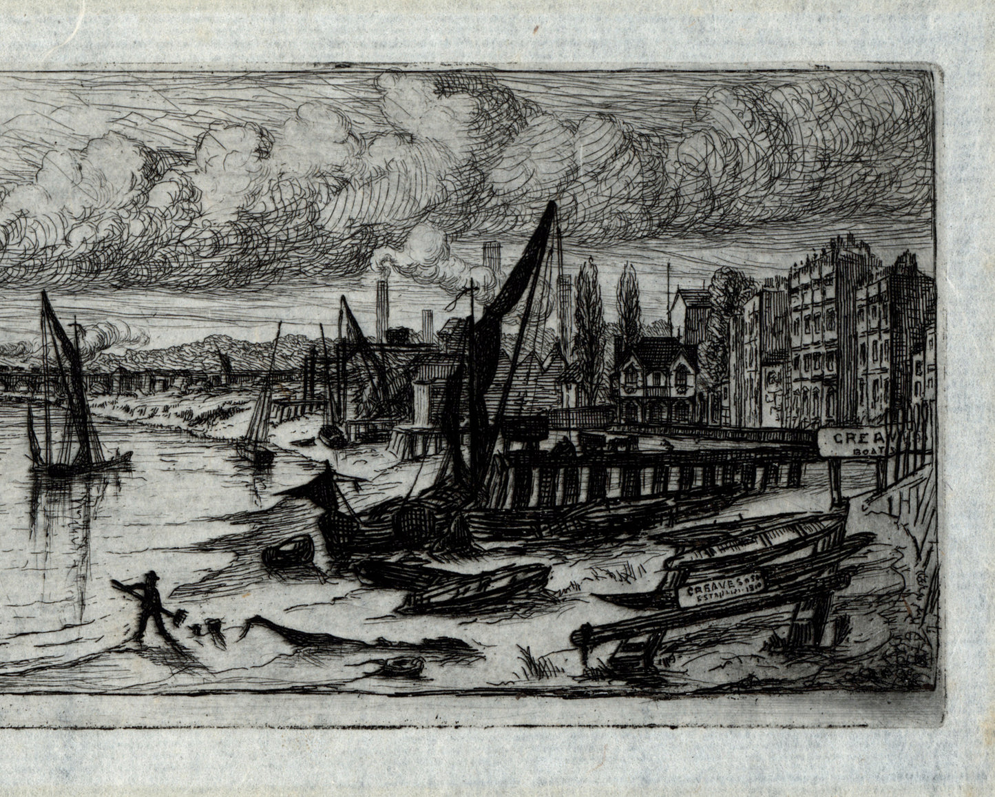 Charles William Sherborn (1831-1912) Antique Etching - Chelsea Reach London - River Thames