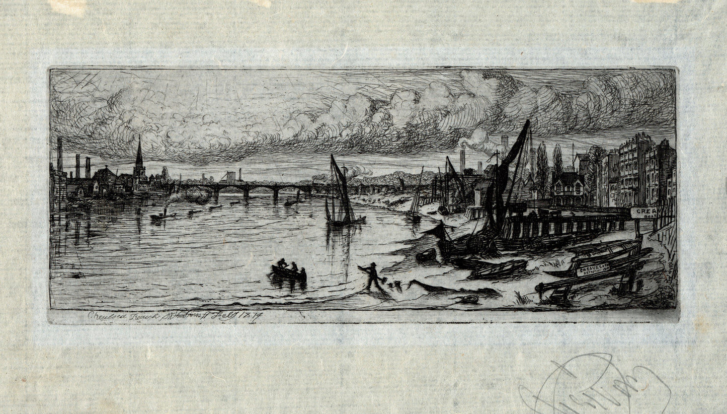 Charles William Sherborn (1831-1912) Antique Etching - Chelsea Reach London - River Thames