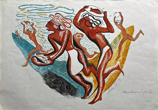Leon Underwood (1890-1975) Pencil Signed Coloured Linocut Montezuma's Fish 1939