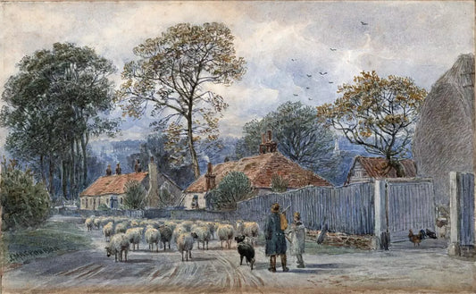 John MacPherson (fl.1858-1891) Watercolour Painting - Sheep In Village Landscape
