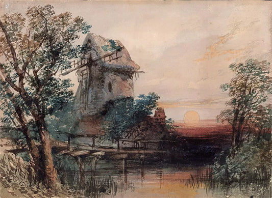 Windmill & River In Sunset Landscape - Antique Watercolour Painting - 19th Century