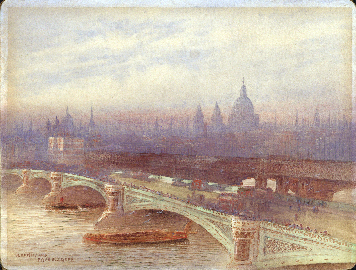 Frederick Edward Joseph Goff (1855-1931) Watercolour Painting - Blackfriars, London - River Thames