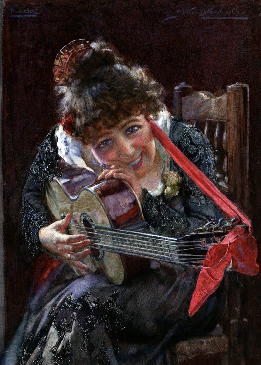 John Henry Henshall (1856-1928) Watercolour Painting Lady With Guitar 1892