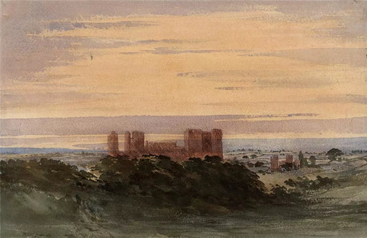 Castle In Landscape - Antique Watercolour Painting - 19th Century