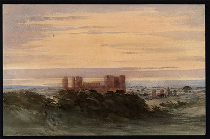 Castle In Landscape - Antique Watercolour Painting - 19th Century