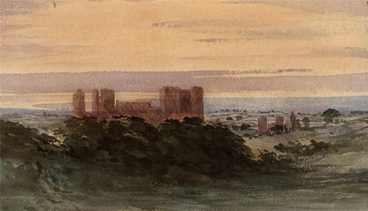Castle In Landscape - Antique Watercolour Painting - 19th Century