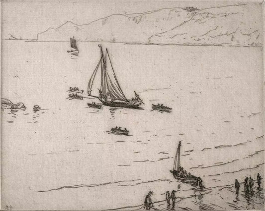 Nelson Ethelred Dawson (1859-1941) Pencil Signed Etching - Boats Off Coastline 1910