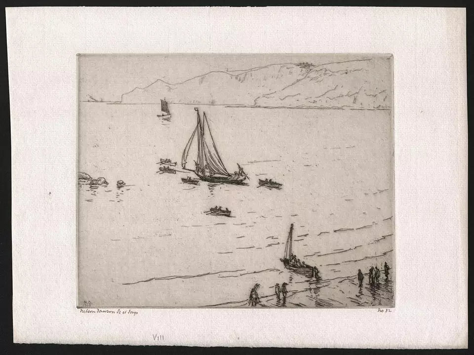 Nelson Ethelred Dawson (1859-1941) Pencil Signed Etching - Boats Off Coastline 1910