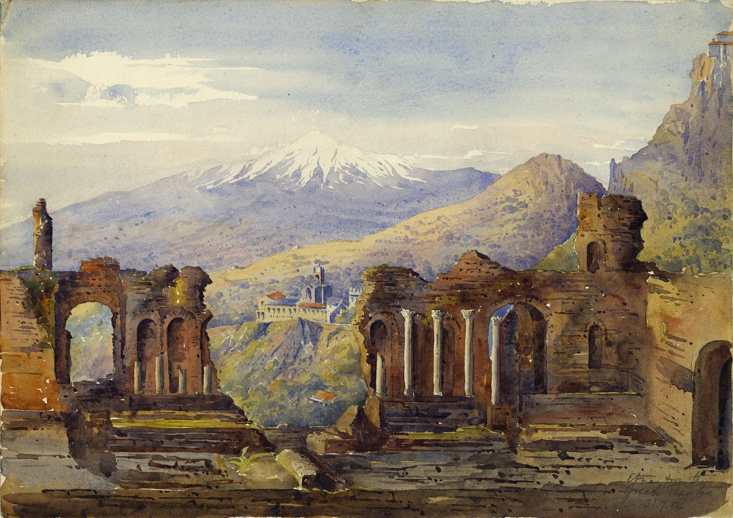 Arthur Herbert Hussey Watercolour Painting Greek Theatre of Taormina Italy 1904