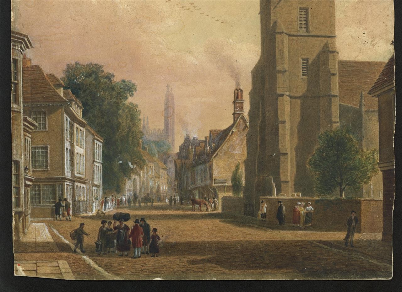Trumpington Street Cambridge Watercolour Painting 19th Century In Style Of Pugin3