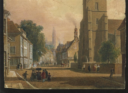 Trumpington Street Cambridge Watercolour Painting 19th Century In Style Of Pugin3