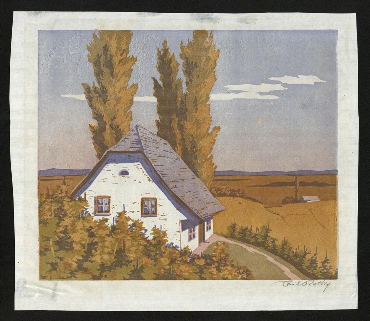 Carl Rotky (1891-1977) Pencil Signed Woodcut - Trees & Cottage In Landscape1