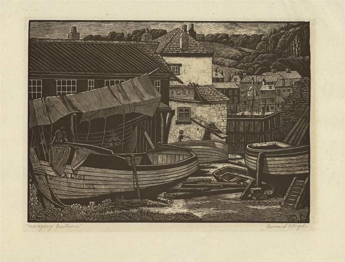 Bernard Sleigh (1872-1954) Signed Woodcut Mevagissey Boathouse Cornwall 19364