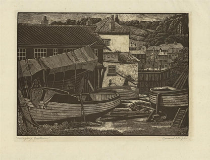 Bernard Sleigh (1872-1954) Signed Woodcut Mevagissey Boathouse Cornwall 19364