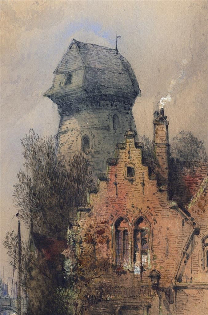Thomas Colman Dibdin (1810-1893) Watercolour Painting Canal Bruges Belgium 18768