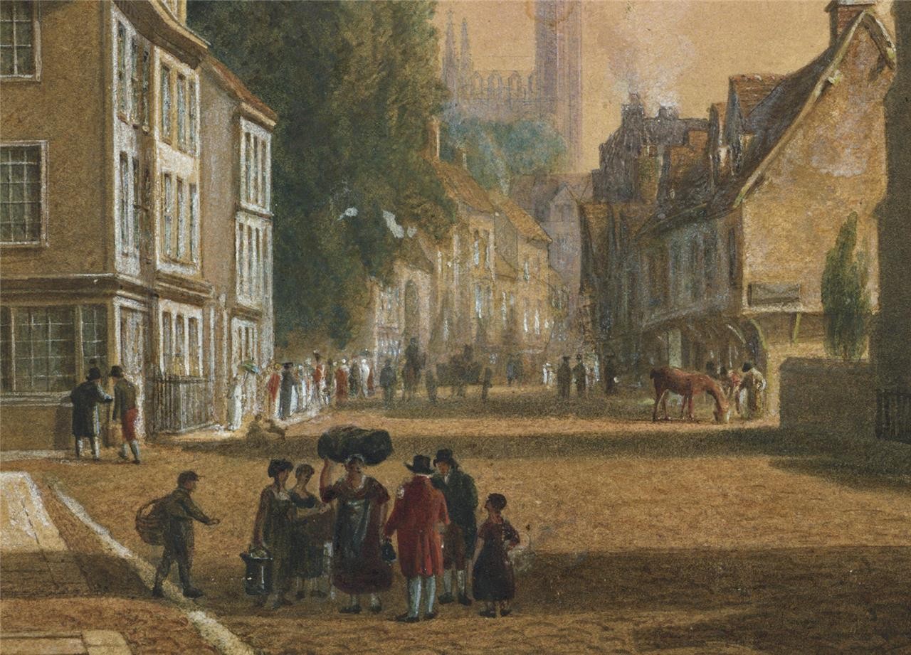 Trumpington Street Cambridge Watercolour Painting 19th Century In Style Of Pugin11