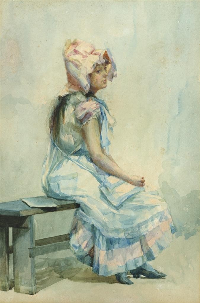 Seated Young Lady Study - Antique Watercolour Painting - 19th Century0