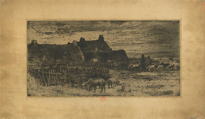Felix Buhot (1847-1898) Etching - Sheepfold At Sunset 1881 - Red Owl Stamp6