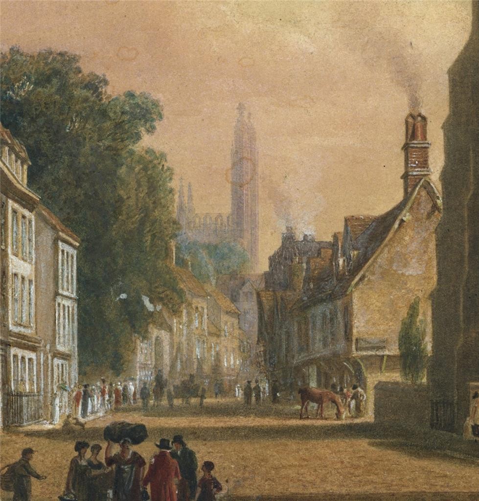 Trumpington Street Cambridge Watercolour Painting 19th Century In Style Of Pugin9
