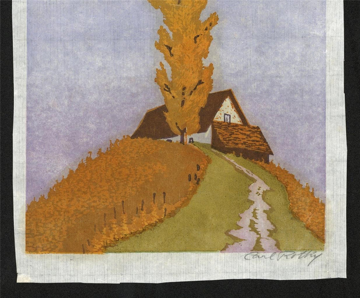 Carl Rotky (1891-1977) Pencil Signed Woodcut - Tree & Cottage On Hill5