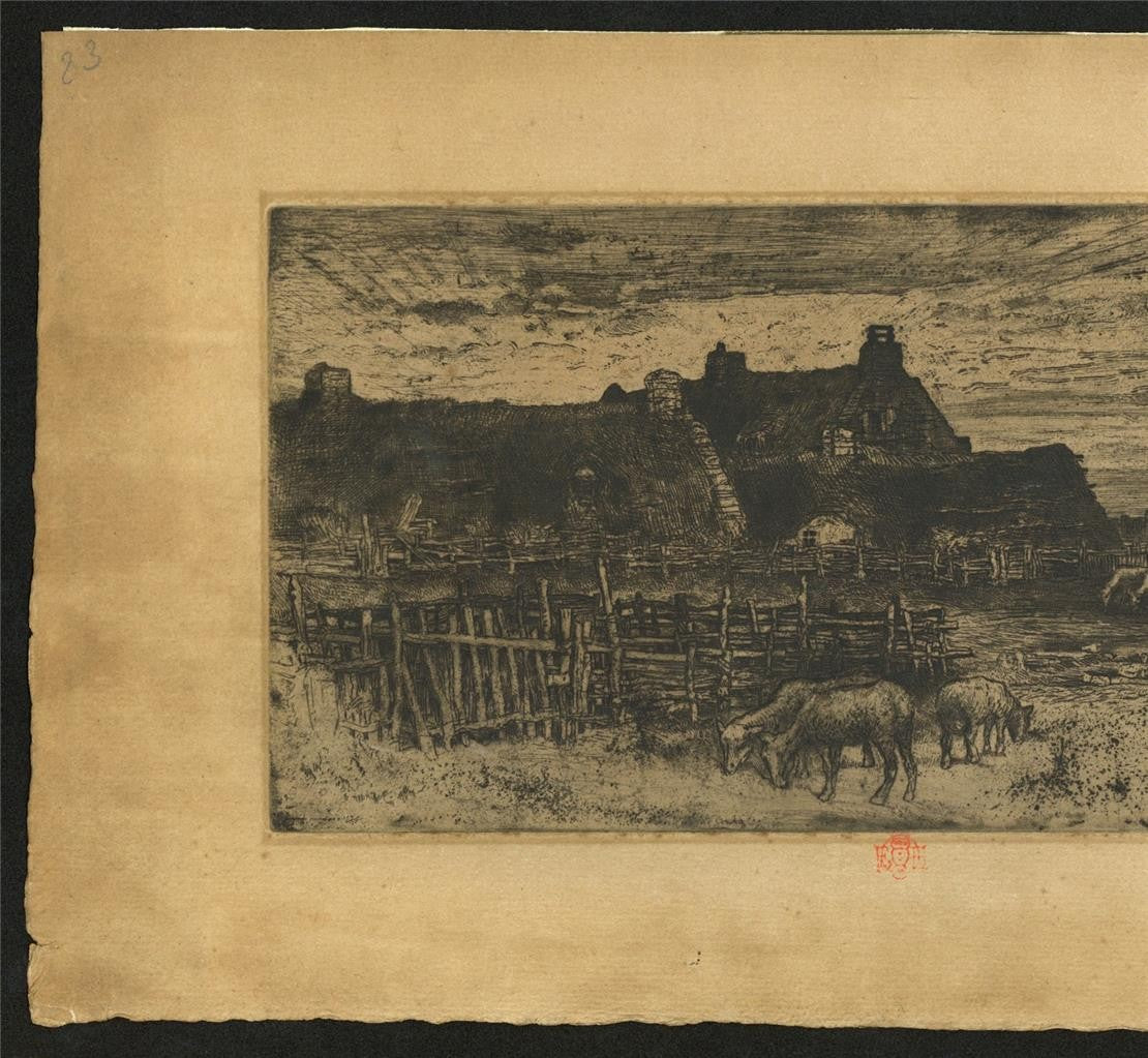 Felix Buhot (1847-1898) Etching - Sheepfold At Sunset 1881 - Red Owl Stamp4