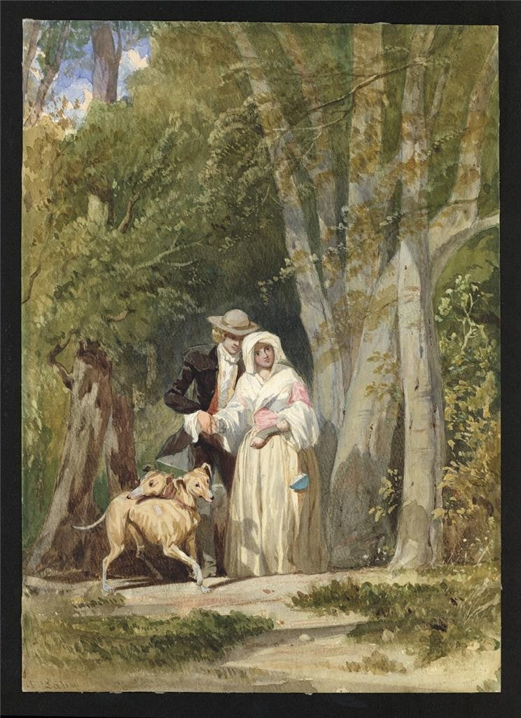 Auguste Francois Laby - Watercolour Painting - Lady & Gentleman With Dogs1