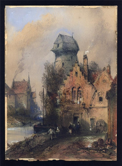 Thomas Colman Dibdin (1810-1893) Watercolour Painting Canal Bruges Belgium 18761