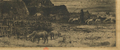 Felix Buhot (1847-1898) Etching - Sheepfold At Sunset 1881 - Red Owl Stamp10