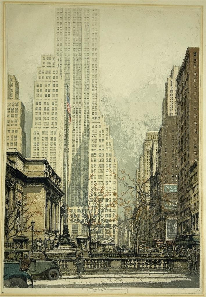 Luigi Kasimir (1881-1962) Pencil Signed Etching Public Library New York USA0