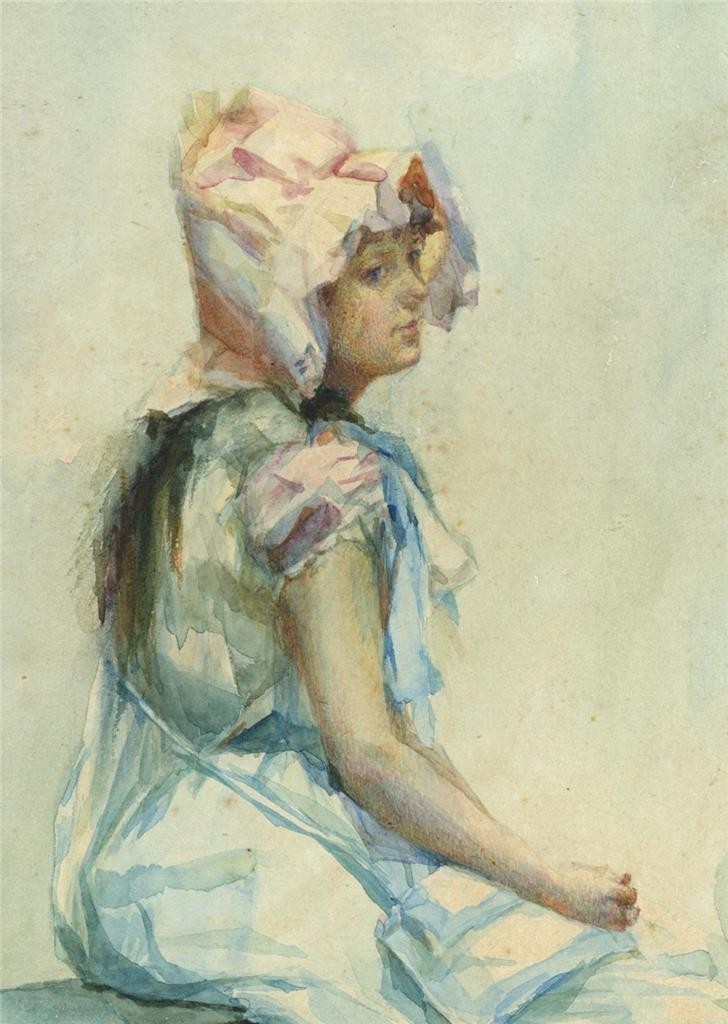 Seated Young Lady Study - Antique Watercolour Painting - 19th Century2