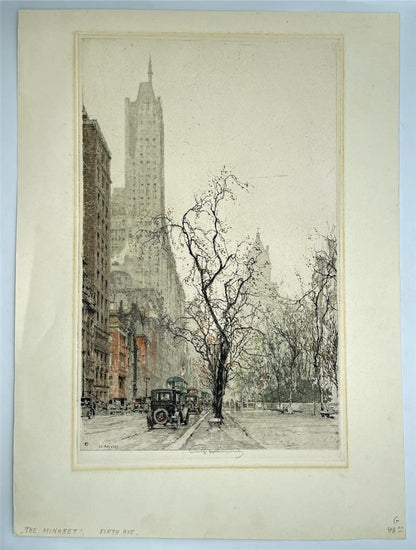 Luigi Kasimir (1881-1962) Signed Etching The Minaret Fifth Avenue New York USA1