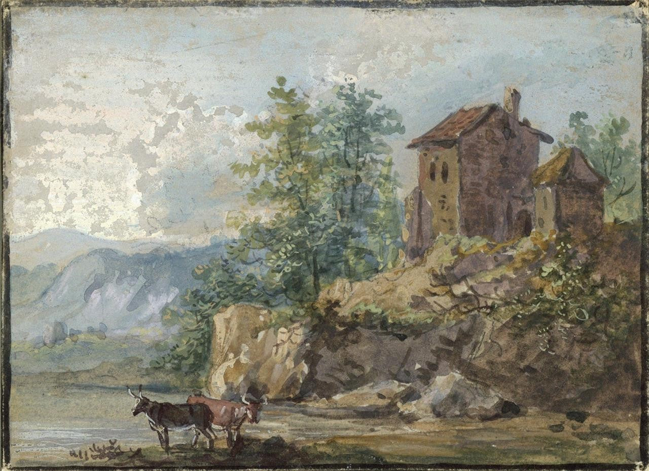 In The Manner Of Paul Sandby - Miniature Gouache Painting - Cattle In Landscape0
