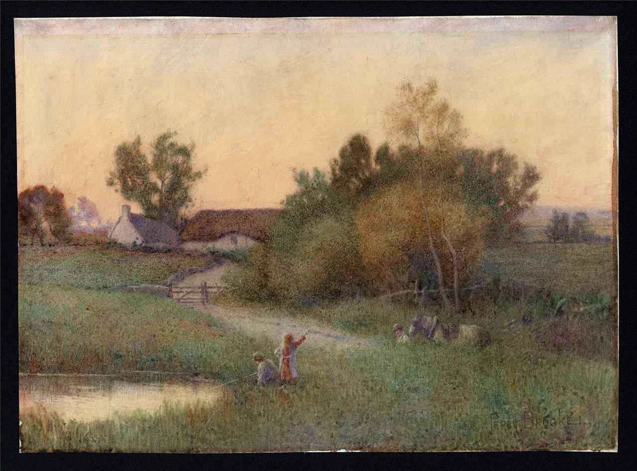 Percy Brooke (1869-1916) Watercolour Painting - Figures In Rural Landscape 19082