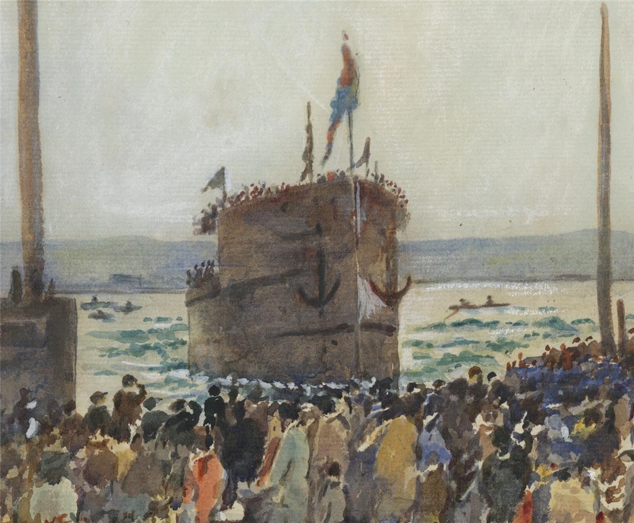 HMS Warspite Launch Devonport Plymouth 1913 Watercolour Painting - Signed3