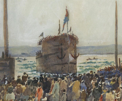 HMS Warspite Launch Devonport Plymouth 1913 Watercolour Painting - Signed3