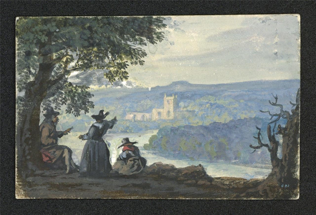 Figures In Landscape - Miniature Gouache Painting - 19th Century1