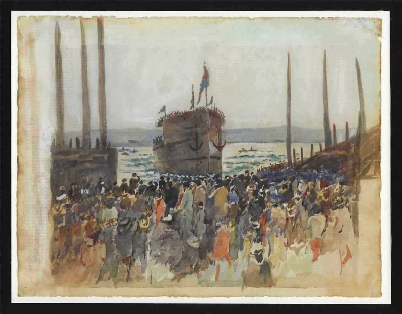 HMS Warspite Launch Devonport Plymouth 1913 Watercolour Painting - Signed1
