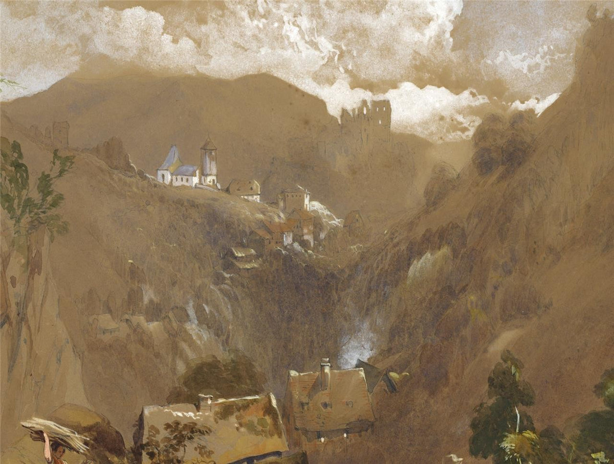 Henry Burdon Richardson Watercolour Painting Castle & Village Mountain Landscape4