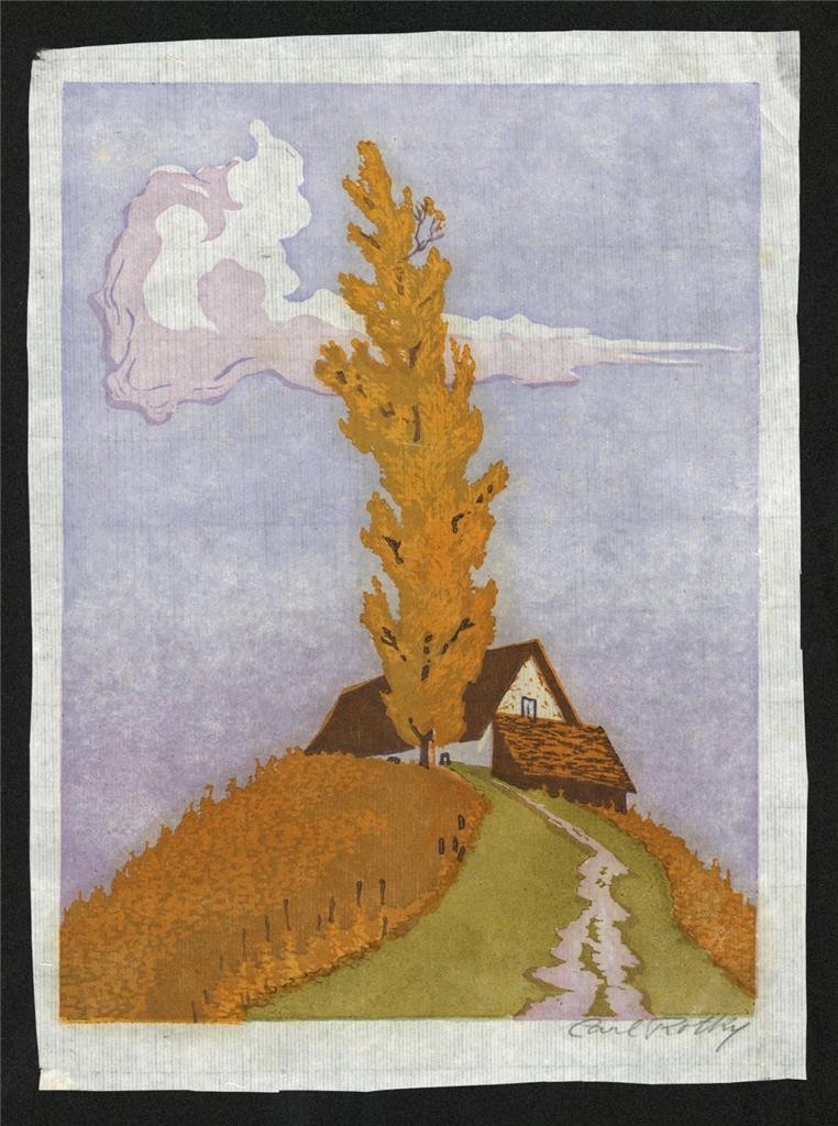 Carl Rotky (1891-1977) Pencil Signed Woodcut - Tree & Cottage On Hill1
