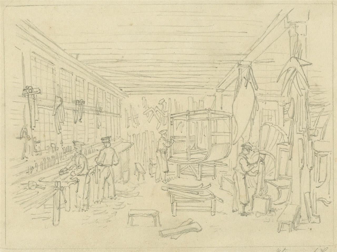 Frederick William Fairholt Antique Pencil Drawing Coachmakers Workshop Study2