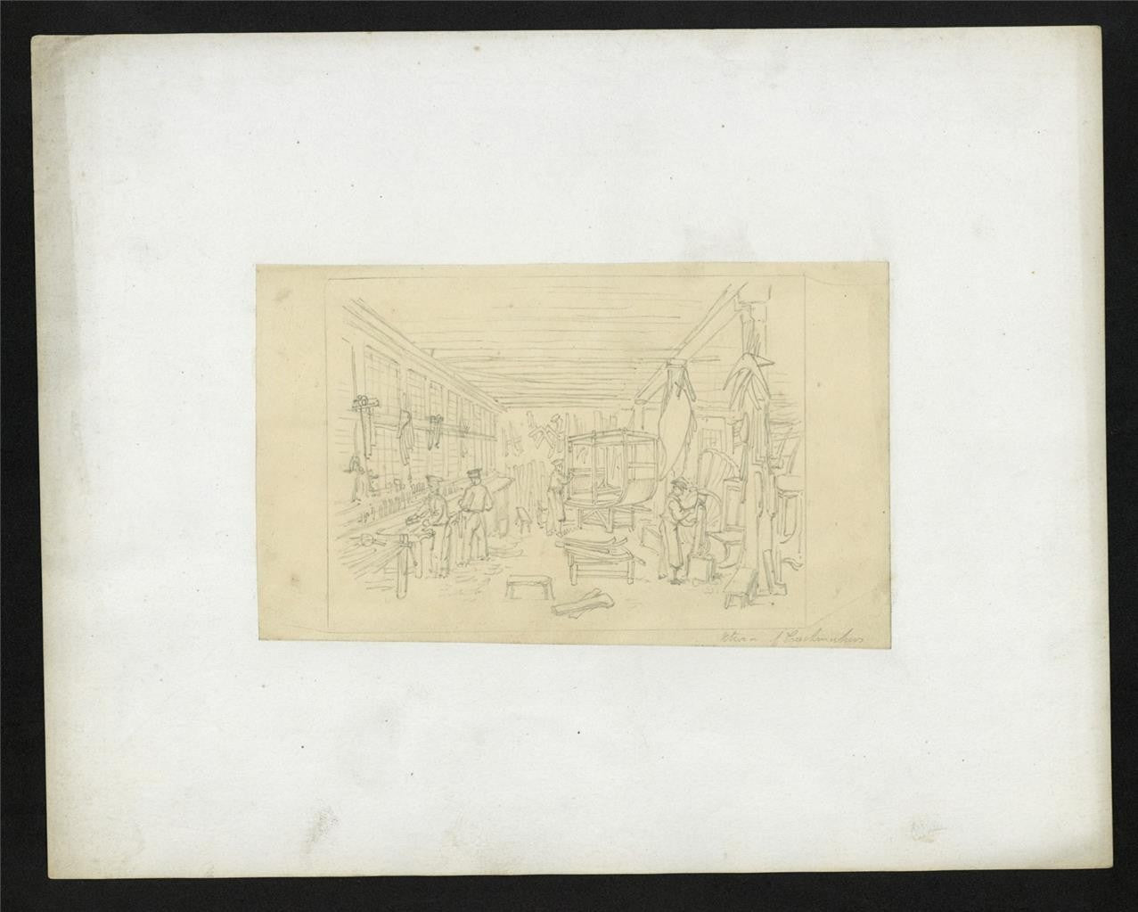 Frederick William Fairholt Antique Pencil Drawing Coachmakers Workshop Study1