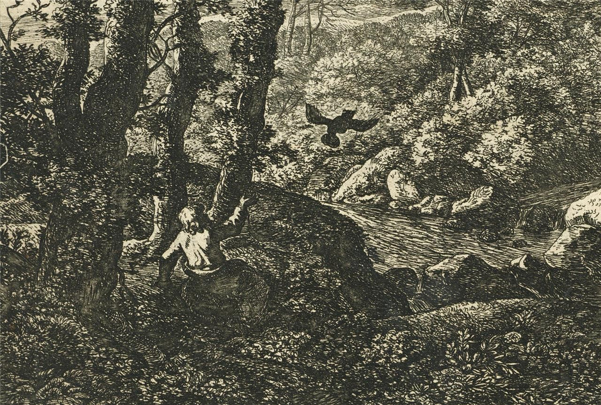 Antonie Waterloo - Antique Etching - Elijah Fed by the Ravens - T Sivright Stamp9