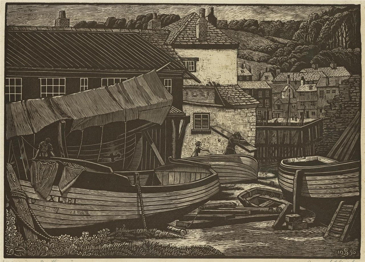 Bernard Sleigh (1872-1954) Signed Woodcut Mevagissey Boathouse Cornwall 19360