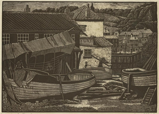 Bernard Sleigh (1872-1954) Signed Woodcut Mevagissey Boathouse Cornwall 19360