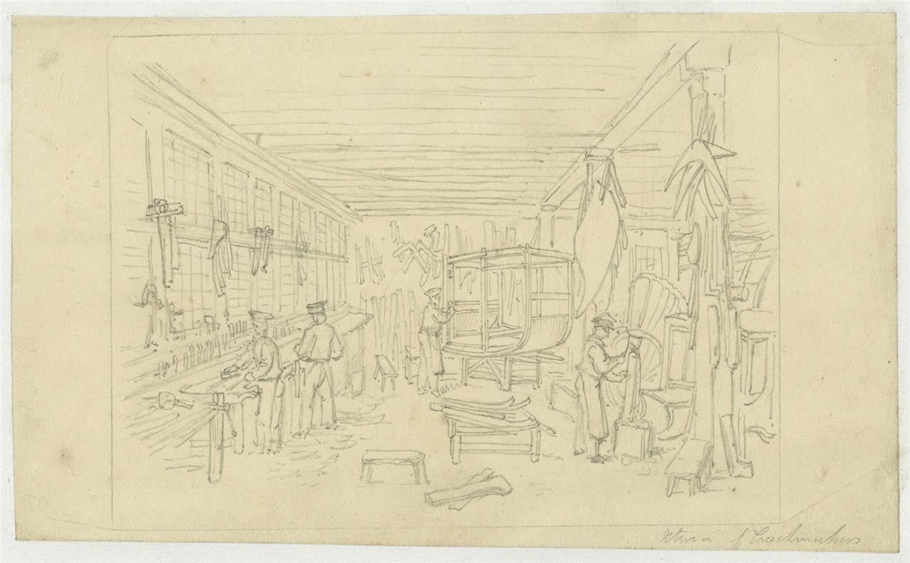 Frederick William Fairholt Antique Pencil Drawing Coachmakers Workshop Study0