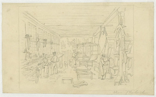 Frederick William Fairholt Antique Pencil Drawing Coachmakers Workshop Study0