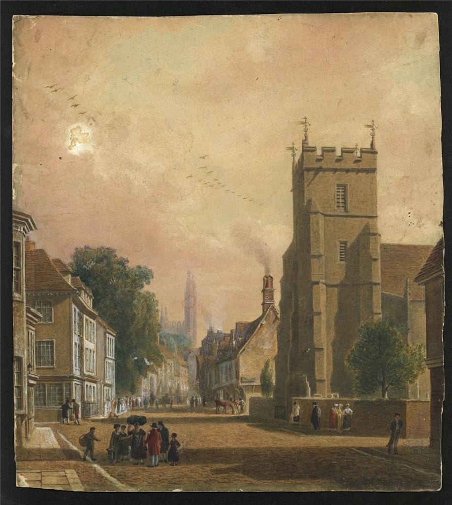Trumpington Street Cambridge Watercolour Painting 19th Century In Style Of Pugin1
