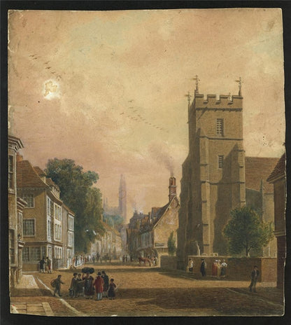Trumpington Street Cambridge Watercolour Painting 19th Century In Style Of Pugin1