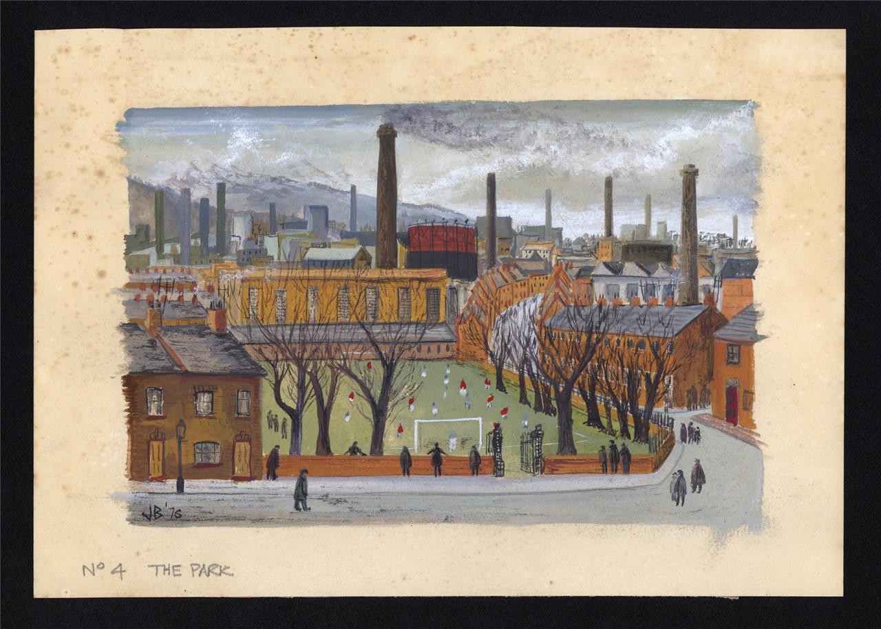 Football Match In The Park 1976  Gouache Painting  John Bullock  Northern Art1