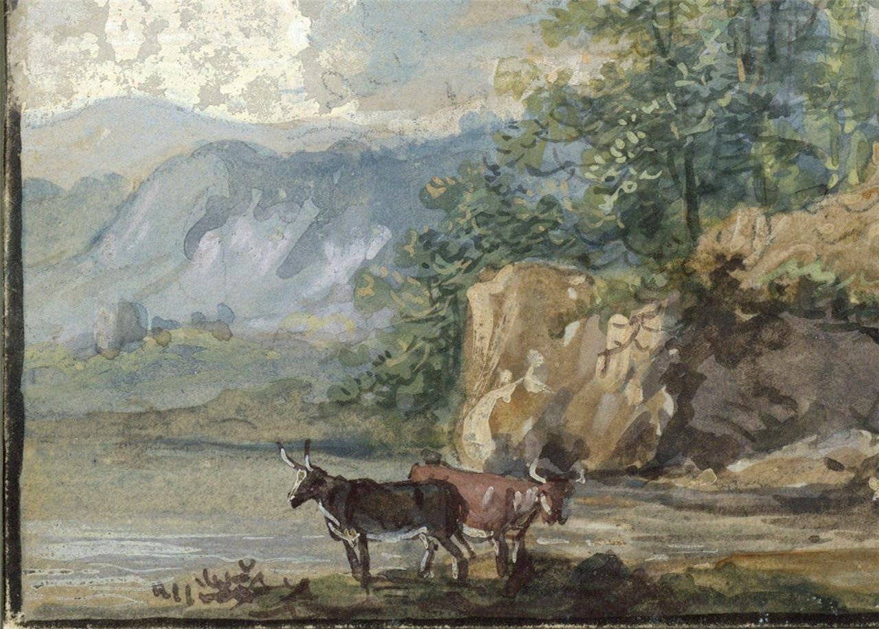In The Manner Of Paul Sandby - Miniature Gouache Painting - Cattle In Landscape2